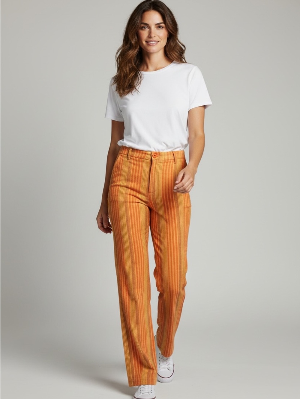 Free People Orange Multi-Striped Straight-Leg Pants